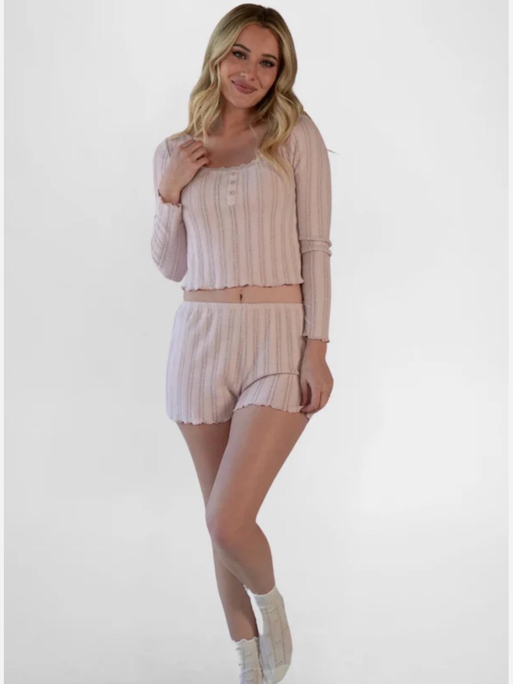 Pink Rose Ribbed Button-Front Long Sleeve Top & Shorts Sleep Set - Light Pink